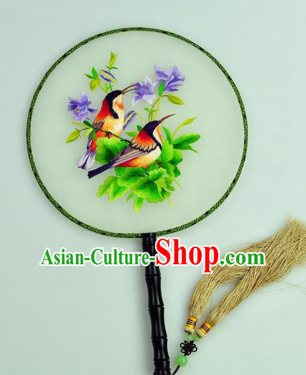 Chinese Traditional Embroidered Violet Silk Fans Craft Handmade Su Embroidery Flowers Birds Palace Fan Round Fan
