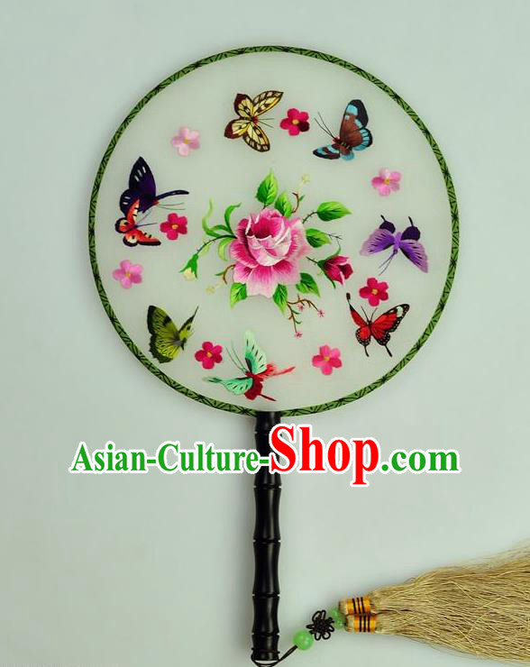 Chinese Traditional Embroidered Butterfly Silk Fans Craft Handmade Su Embroidery Rose Palace Fan Round Fan