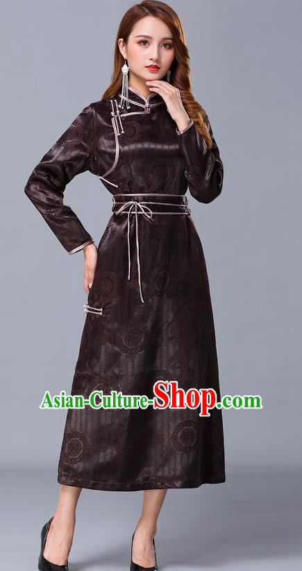 Chinese Traditional Mongolian Nationality Brown Satin Dress Mongol Ethnic Stage Show Costume for Women