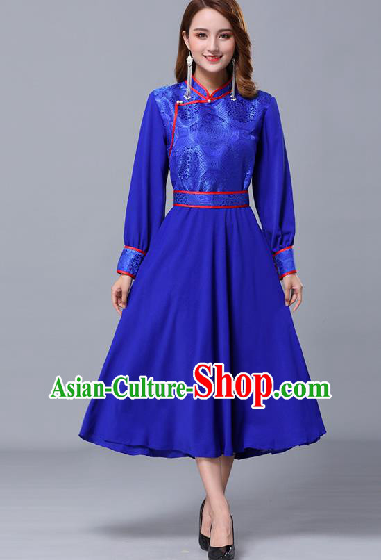 Chinese Traditional Mongolian Nationality Royalblue Dress Minority Garment Mongol Ethnic Stand Collar Costume for Women