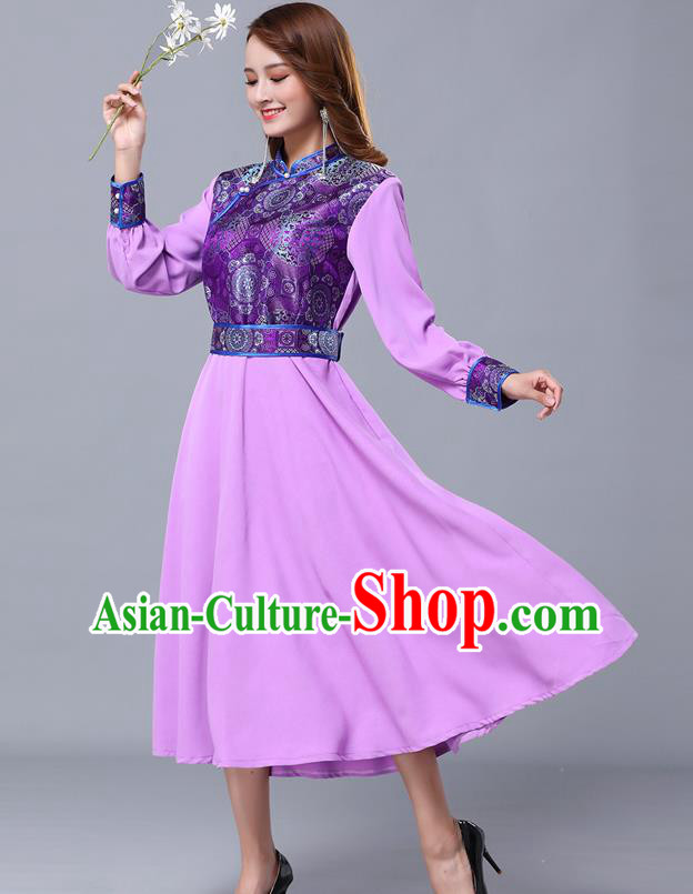 Chinese Traditional Mongolian Nationality Lilac Dress Minority Garment Mongol Ethnic Stand Collar Costume for Women