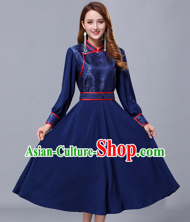 Chinese Traditional Mongolian Nationality Navy Dress Minority Garment Mongol Ethnic Stand Collar Costume for Women