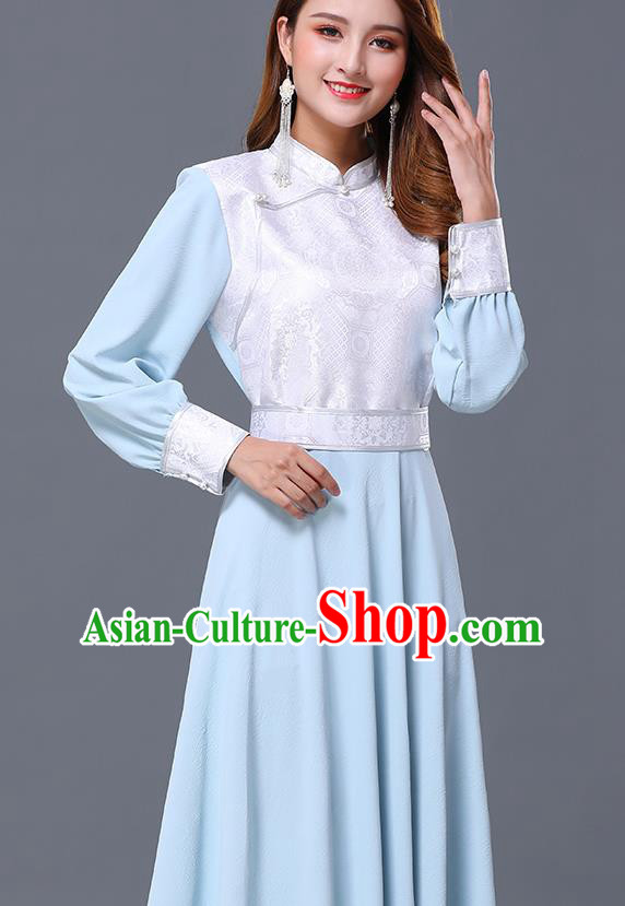 Chinese Traditional Mongolian Nationality Light Blue Dress Minority Garment Mongol Ethnic Stand Collar Costume for Women