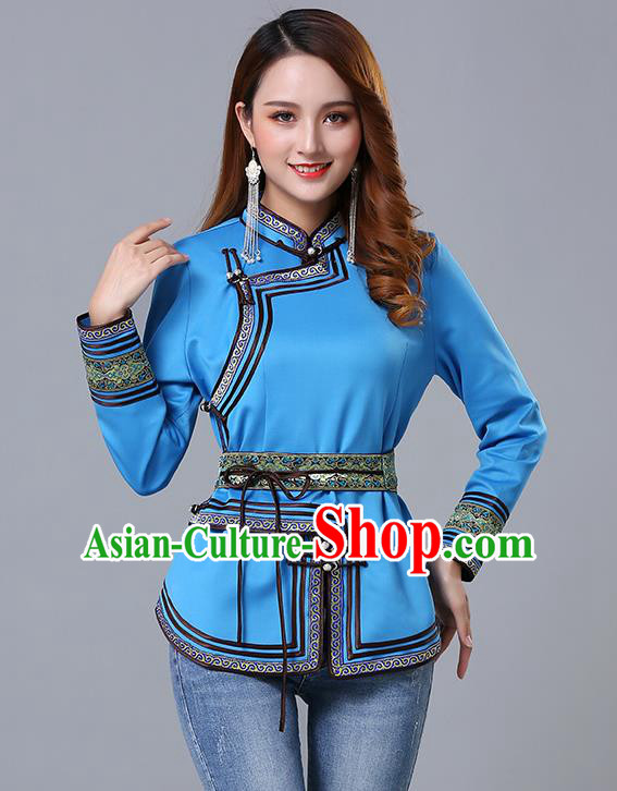 Chinese Traditional Blue Satin Blouse Mongol Ethnic Nationality Costume Mongolian Minority Upper Outer Garment for Women