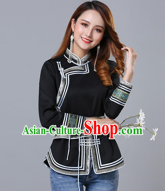 Chinese Traditional Black Satin Blouse Mongol Ethnic Nationality Costume Mongolian Minority Upper Outer Garment for Women