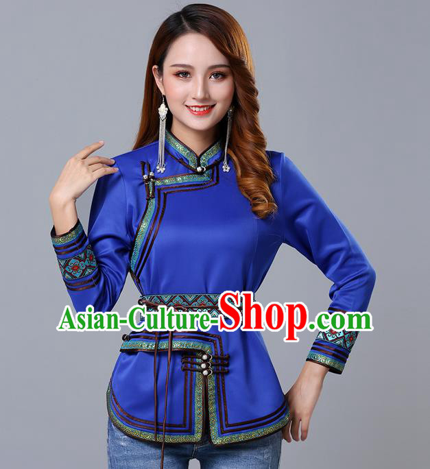 Chinese Traditional Royalblue Satin Blouse Mongol Ethnic Nationality Costume Mongolian Minority Upper Outer Garment for Women