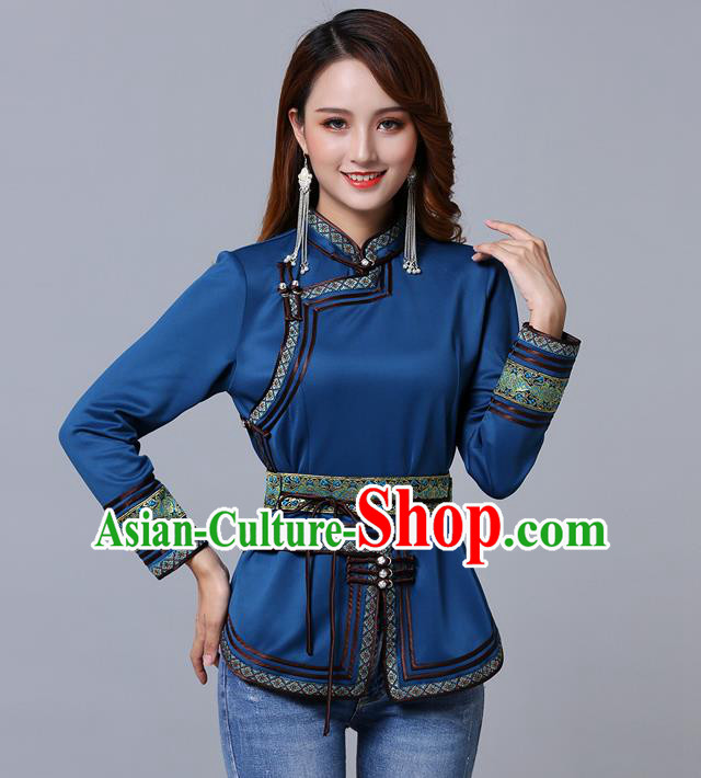 Chinese Traditional Peacock Blue Satin Blouse Mongol Ethnic Nationality Costume Mongolian Minority Upper Outer Garment for Women