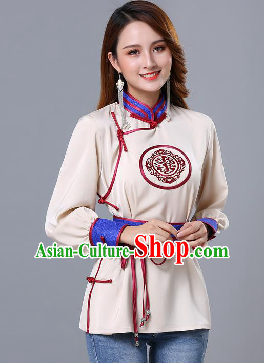 Chinese Traditional Mongolian Minority Beige Satin Blouse Mongol Ethnic Nationality Upper Outer Garment Costume for Women