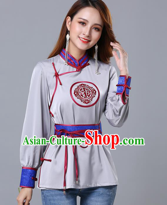 Chinese Traditional Mongolian Minority Grey Satin Blouse Mongol Ethnic Nationality Upper Outer Garment Costume for Women