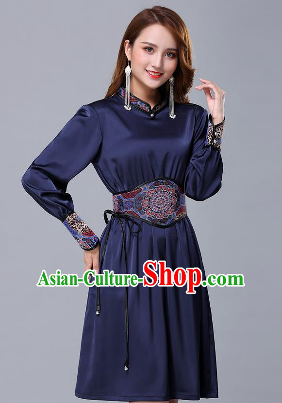 Chinese Traditional Mongolian Embroidered Navy Short Dress Minority Garment Mongol Ethnic Nationality Stand Collar Costume for Women