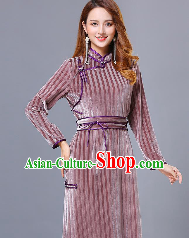 Chinese Mongol Ethnic Nationality Pink Pleuche Dress Traditional Mongolian Minority Garment Costume for Women