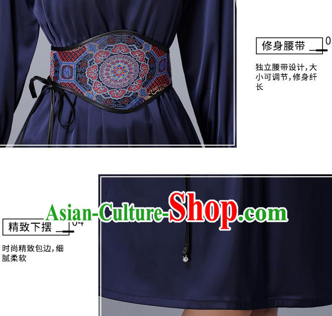 Chinese Traditional Mongolian Embroidered Navy Short Dress Minority Garment Mongol Ethnic Nationality Stand Collar Costume for Women