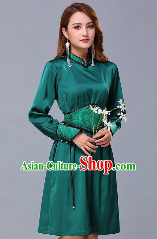 Chinese Traditional Mongolian Embroidered Green Short Dress Minority Garment Mongol Ethnic Nationality Stand Collar Costume for Women