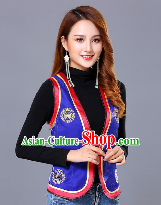 Chinese Mongol Ethnic Nationality Royalblue Satin Vest Traditional Mongolian Minority Garment Waistcoat Costume for Women