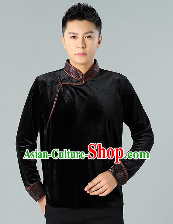 Chinese Mongolian Nationality Upper Outer Garment Traditional Mongol Ethnic Minority Costume Black Pleuche Shirt for Men