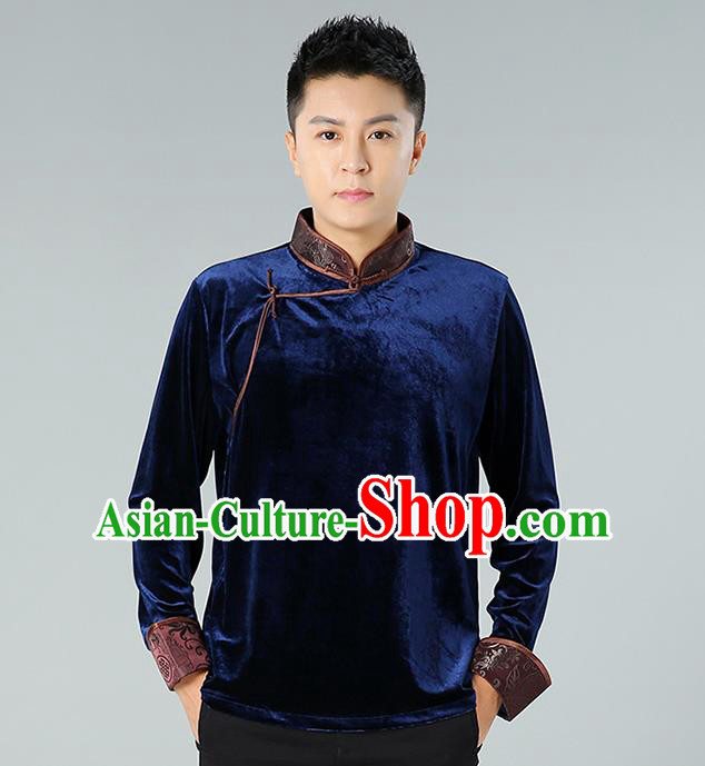 Chinese Mongolian Nationality Upper Outer Garment Traditional Mongol Ethnic Minority Costume Deep Blue Pleuche Shirt for Men