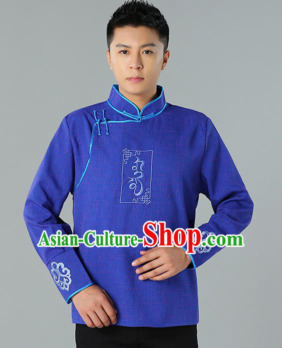 Chinese Mongolian Nationality Blue Linen Upper Outer Garment Traditional Mongol Ethnic Minority Shirt Costume for Men