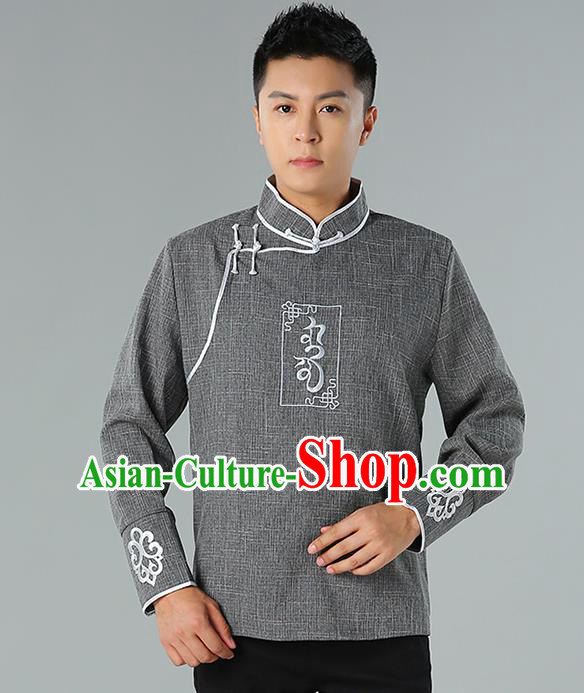 Chinese Mongolian Nationality Deep Grey Linen Upper Outer Garment Traditional Mongol Ethnic Minority Shirt Costume for Men