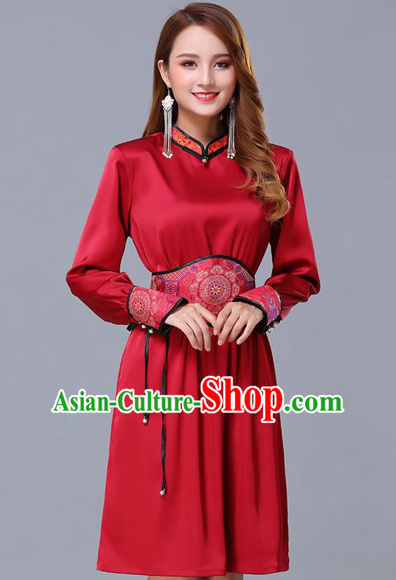 Chinese Traditional Mongolian Embroidered Red Short Dress Minority Garment Mongol Ethnic Nationality Stand Collar Costume for Women