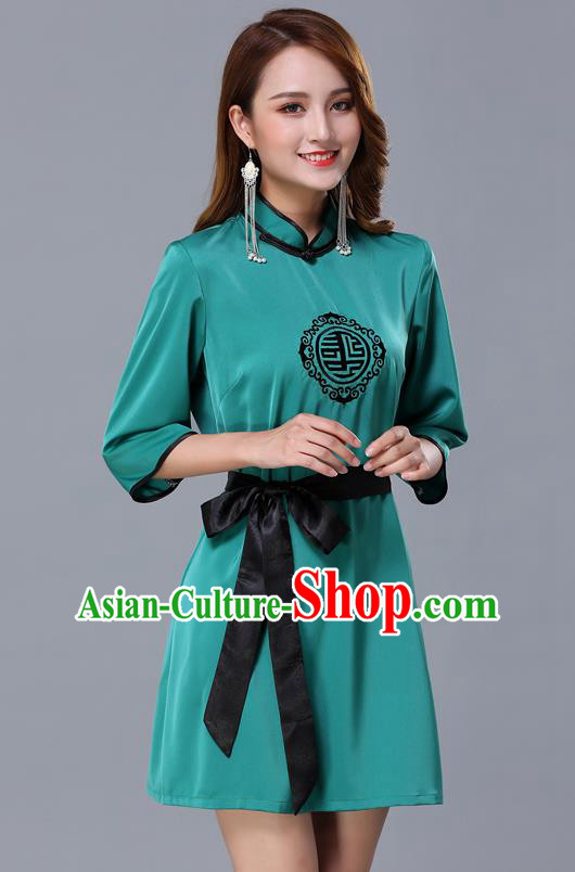 Chinese Traditional National Green Short Dress Mongolian Minority Garment Mongol Ethnic Nationality Costume for Women