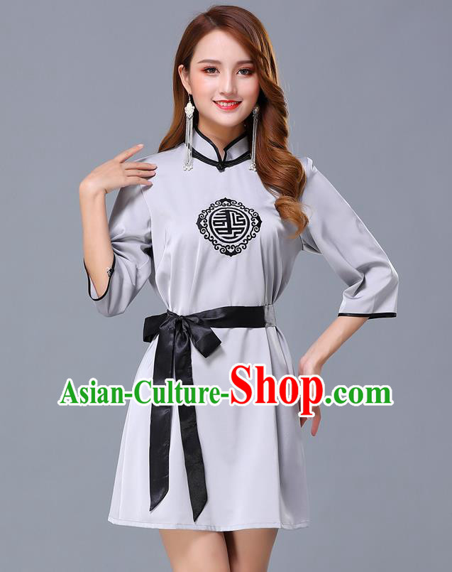 Chinese Traditional National Grey Short Dress Mongolian Minority Garment Mongol Ethnic Nationality Costume for Women