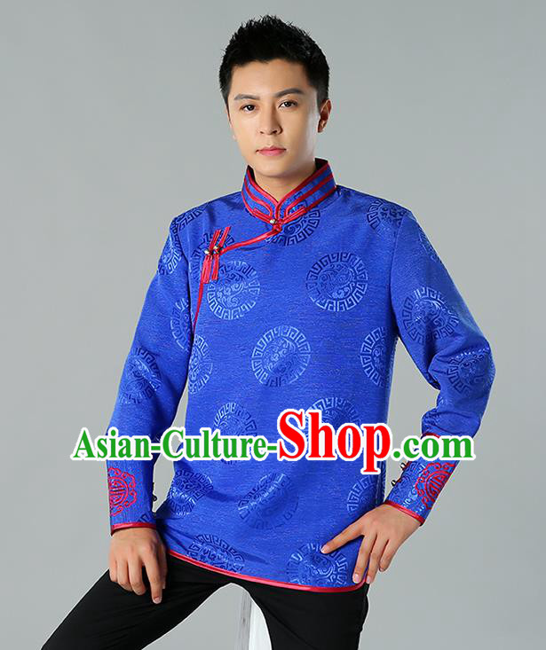 Chinese Mongol Nationality Upper Outer Garment Traditional Ethnic Minority Costume Royalblue Jacket for Men