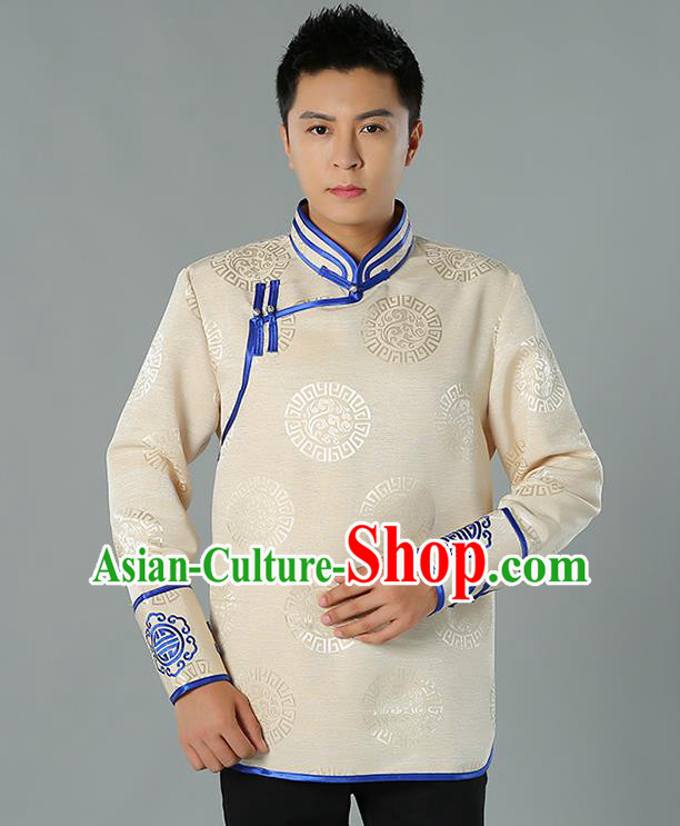 Chinese Mongol Nationality Upper Outer Garment Traditional Ethnic Minority Costume Beige Jacket for Men