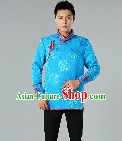 Chinese Mongol Nationality Upper Outer Garment Traditional Ethnic Minority Costume Blue Jacket for Men