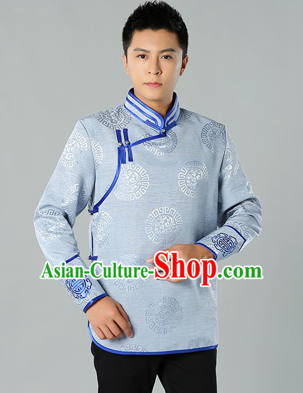 Chinese Mongol Nationality Upper Outer Garment Traditional Ethnic Minority Costume Grey Jacket for Men