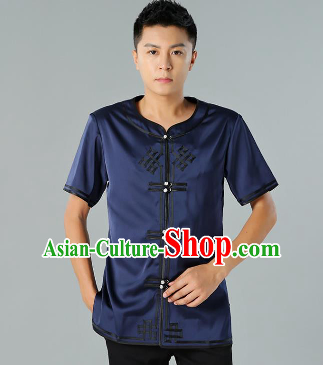 Chinese Mongol Nationality Navy Silk Short Sleeve Shirt Traditional Ethnic Minority Costume Upper Outer Garment for Men