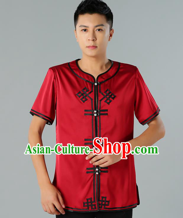 Chinese Mongol Nationality Red Silk Short Sleeve Shirt Traditional Ethnic Minority Costume Upper Outer Garment for Men