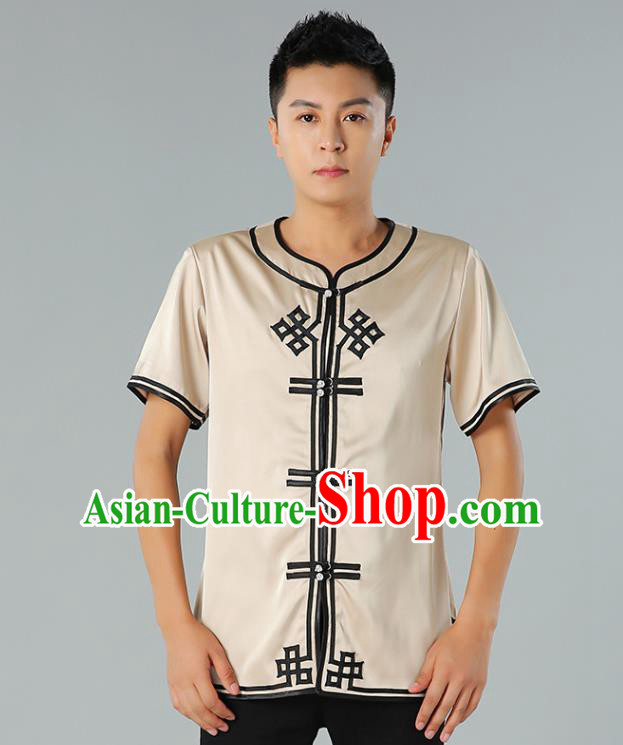 Chinese Mongol Nationality Beige Silk Short Sleeve Shirt Traditional Ethnic Minority Costume Upper Outer Garment for Men