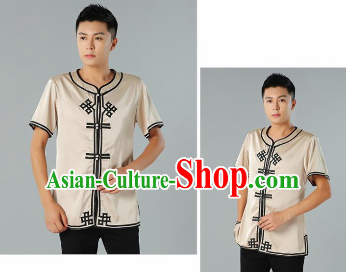 Chinese Mongol Nationality Beige Silk Short Sleeve Shirt Traditional Ethnic Minority Costume Upper Outer Garment for Men