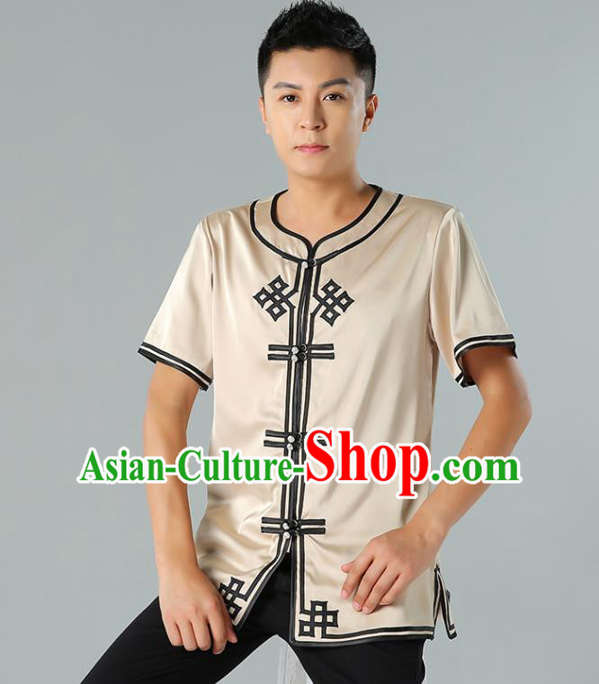 Chinese Mongol Nationality Beige Silk Short Sleeve Shirt Traditional Ethnic Minority Costume Upper Outer Garment for Men