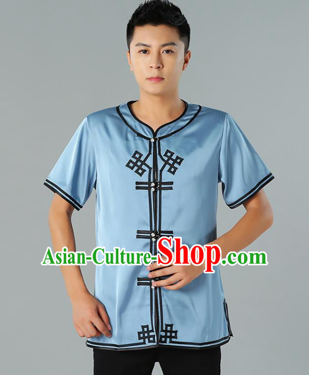 Chinese Mongol Nationality Blue Silk Short Sleeve Shirt Traditional Ethnic Minority Costume Upper Outer Garment for Men