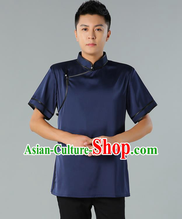 Chinese Mongol Nationality Minority Summer Navy Shirt Traditional Ethnic Upper Outer Garment Informal Costume for Men