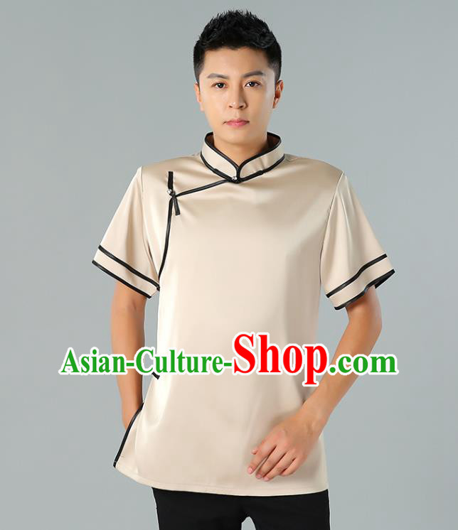 Chinese Mongol Nationality Minority Summer Champagne Shirt Traditional Ethnic Upper Outer Garment Informal Costume for Men