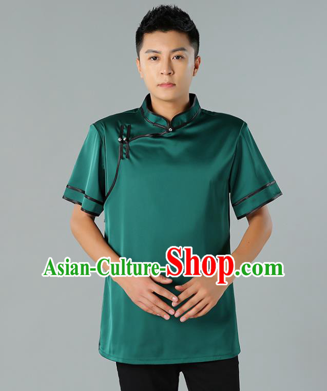 Chinese Mongol Nationality Minority Summer Green Shirt Traditional Ethnic Upper Outer Garment Informal Costume for Men