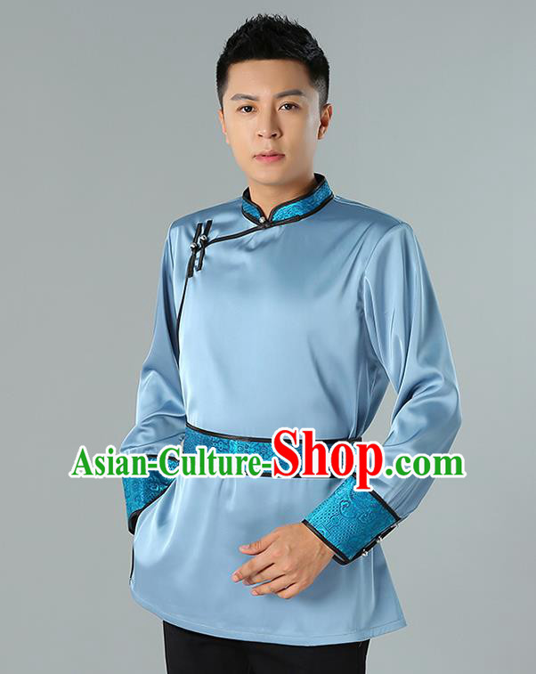 Chinese National Blue Shirt Traditional Ethnic Upper Outer Garment Mongol Minority Informal Costume for Men