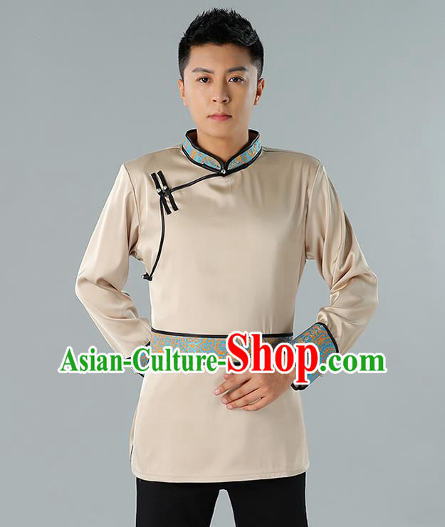 Chinese National Champagne Shirt Traditional Ethnic Upper Outer Garment Mongol Minority Informal Costume for Men