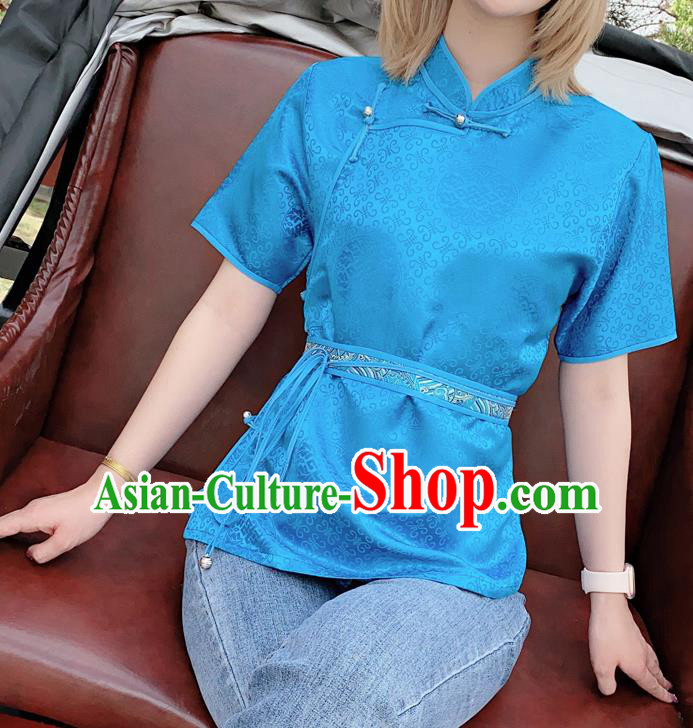 Chinese Traditional Costume Mongol Ethnic Blue Brocade Blouse Mongolian Minority Female Shirt Garment