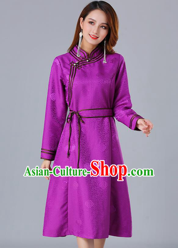 Chinese Traditional Mongol Ethnic Purple Brocade Dress Costume Mongolian Minority Woman Informal Garment