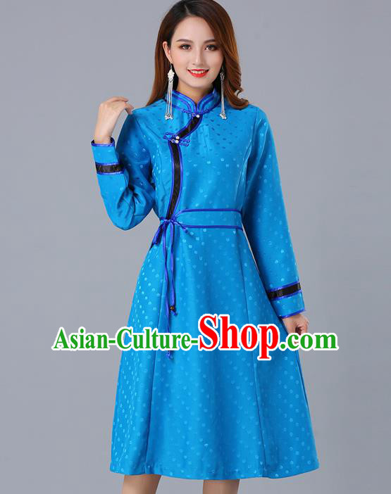 Chinese Traditional Mongol Costume Mongolian Minority Woman Informal Garment Ethnic Blue Brocade Dress