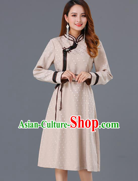 Chinese Traditional Mongol Costume Mongolian Minority Woman Informal Garment Ethnic Apricot Brocade Dress