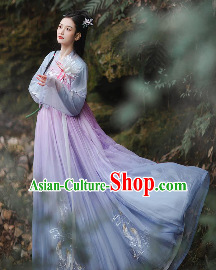 Chinese Traditional Palace Hanfu Blue Blouse and Dress Ancient Tang Dynasty Royal Princess Garment Embroidered Costumes Full Set