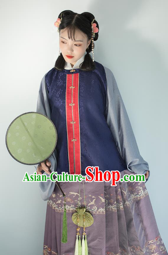 Chinese Traditional Ming Dynasty Princess Navy Brocade Vest Ancient Noble Lady Waistcoat Hanfu Garment