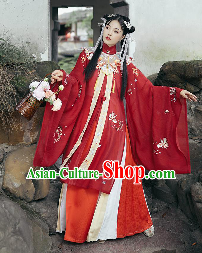 Chinese Traditional Hanfu Garment Ancient Ming Dynasty Palace Princess Costumes Red Blouse Shoulder Collar and Skirt Full Set