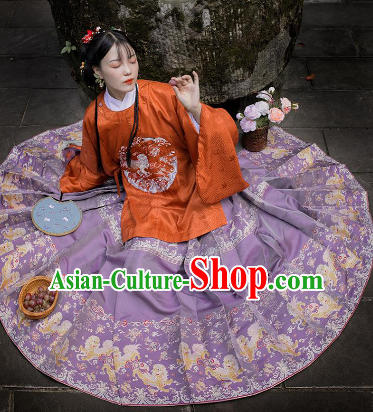 Chinese Traditional Ming Dynasty Hanfu Garment Ancient Empress Costumes Red Blouse and Lilac Skirt Full Set