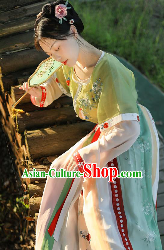 Chinese Traditional Tang Dynasty Palace Lady Hanfu Costumes Ancient Court Maid Half Sleeved Top Garment Blouse and Skirt Complete Set