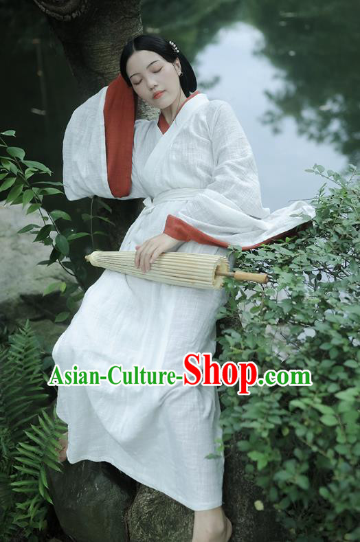 Chinese Traditional Jin Dynasty Imperial Consort White Hanfu Costumes Ancient Palace Woman Curving Front Robe Garment Full Set